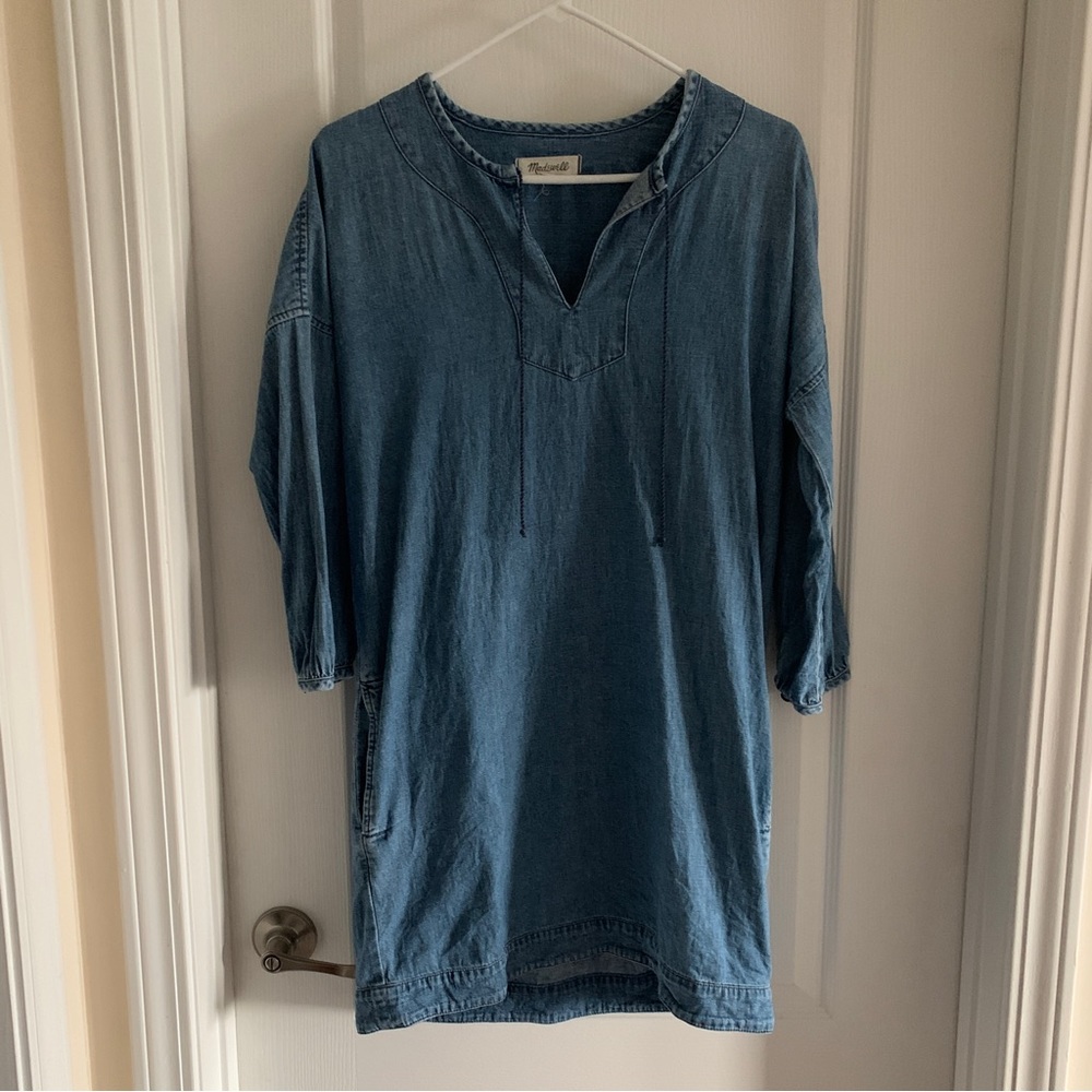 Women’s XS MADEWELL Blue Denim Chambray Artiste‎ 3/4 Sleeve Tunic Dress